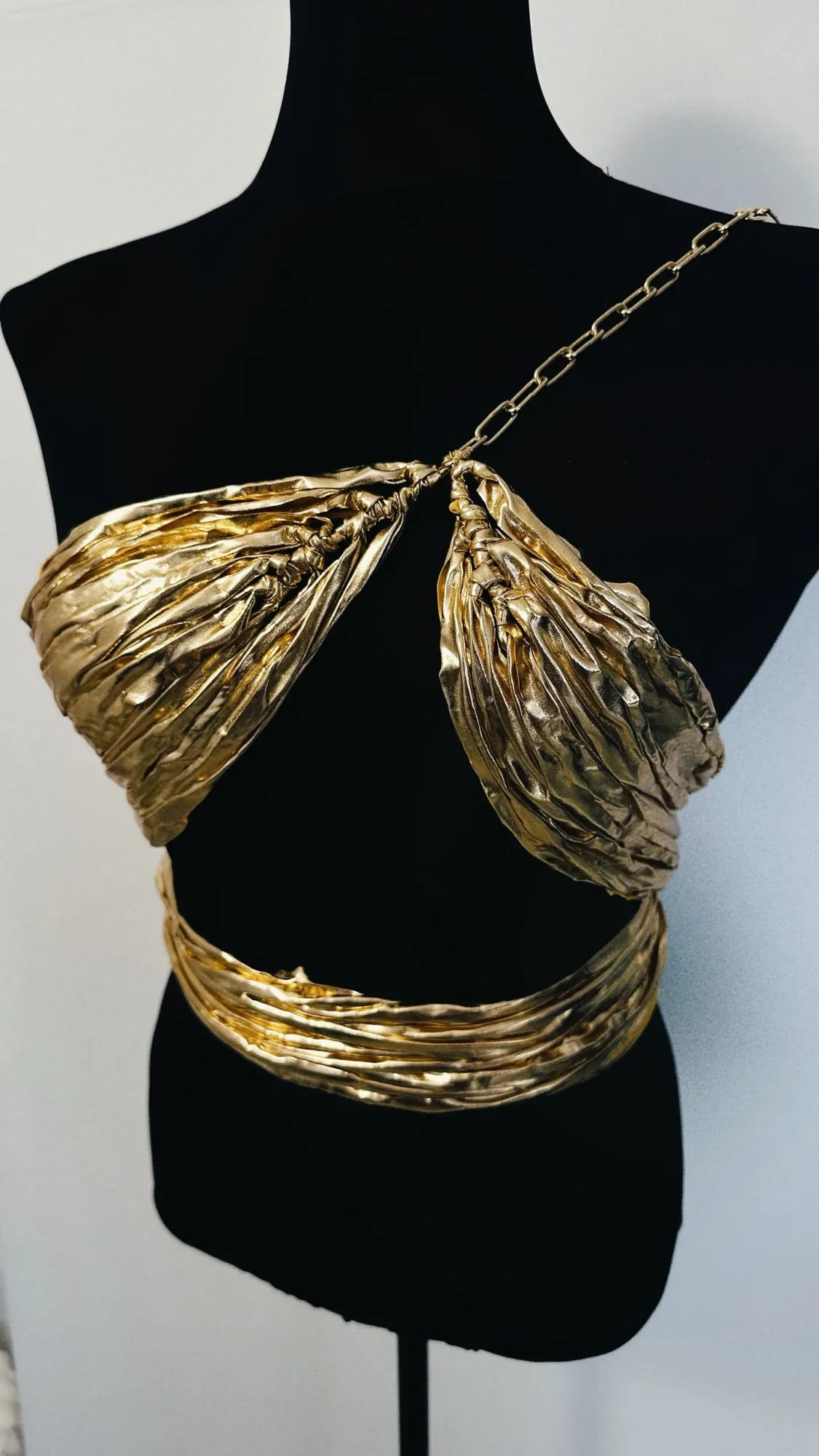 Liquid Gold Bustier Top – Metallic Party Top with Safety Pin & Chain Detail